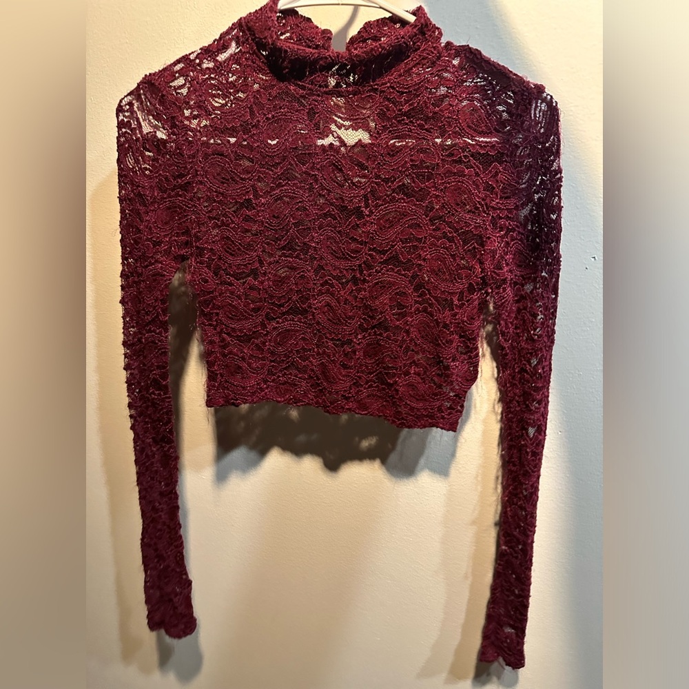 Topshop Long Sleeve Lace Burgundy Crop Top